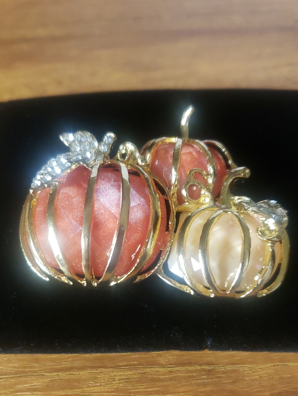 Gold-Tone Pumpkin Trio Brooch with Orange and Cream Cabochons